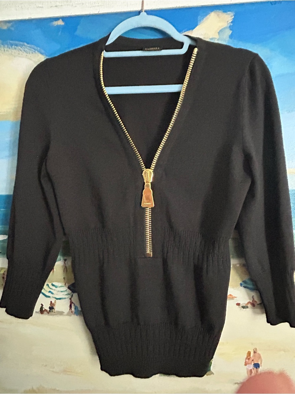 La Perla Black V-Neck Knit Top with Gold Zip